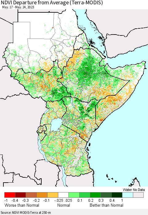Eastern Africa NDVI Departure from Average (Terra-MODIS) Thematic Map For 5/17/2023 - 5/24/2023