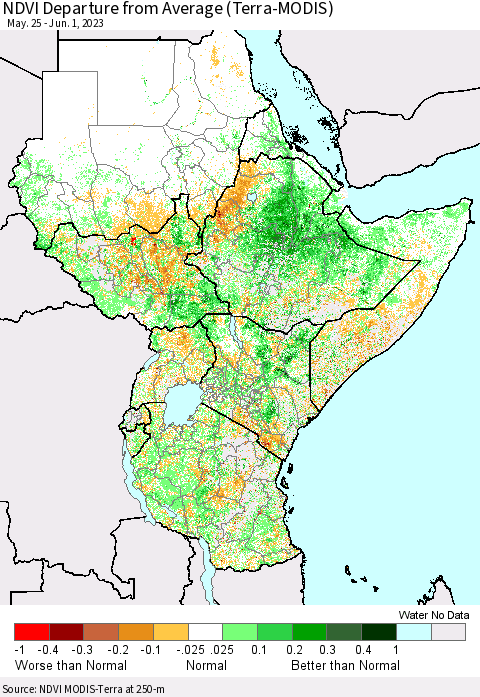 Eastern Africa NDVI Departure from Average (Terra-MODIS) Thematic Map For 5/25/2023 - 6/1/2023