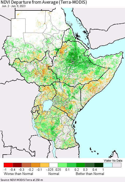 Eastern Africa NDVI Departure from Average (Terra-MODIS) Thematic Map For 6/2/2023 - 6/9/2023