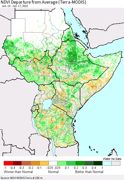 Eastern Africa NDVI Departure from Average (Terra-MODIS) Thematic Map For 6/10/2023 - 6/17/2023