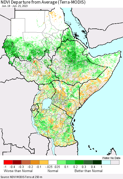 Eastern Africa NDVI Departure from Average (Terra-MODIS) Thematic Map For 6/18/2023 - 6/25/2023