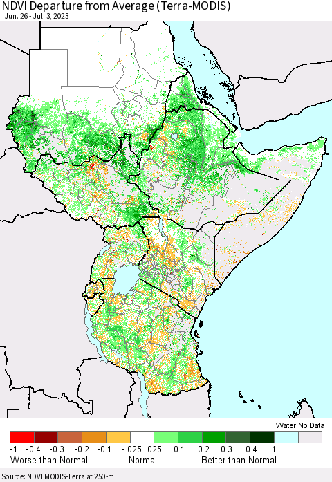 Eastern Africa NDVI Departure from Average (Terra-MODIS) Thematic Map For 6/26/2023 - 7/3/2023