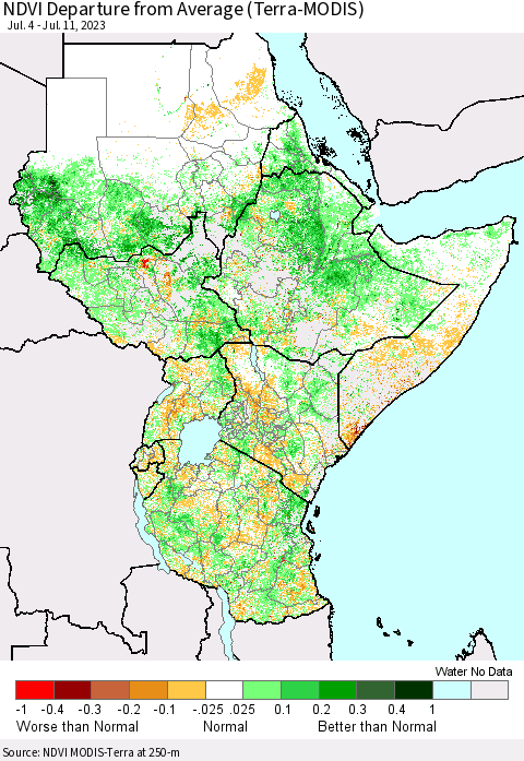 Eastern Africa NDVI Departure from Average (Terra-MODIS) Thematic Map For 7/4/2023 - 7/11/2023
