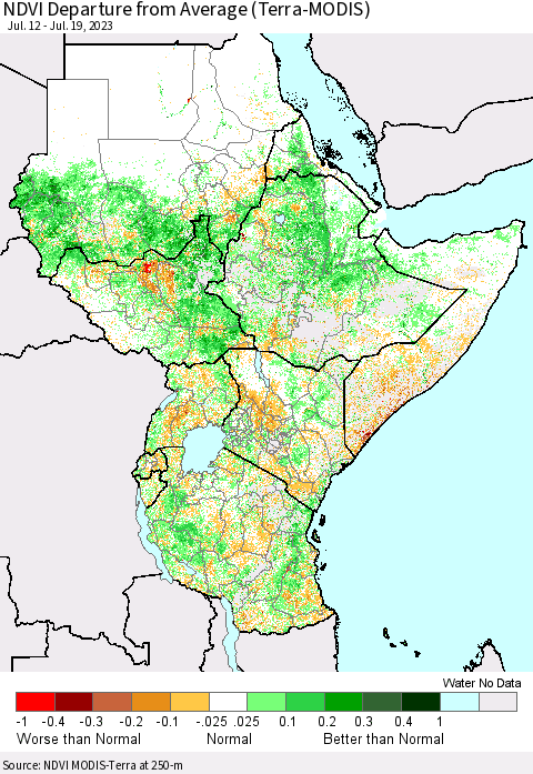 Eastern Africa NDVI Departure from Average (Terra-MODIS) Thematic Map For 7/12/2023 - 7/19/2023