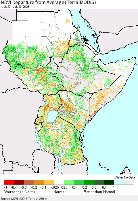Eastern Africa NDVI Departure from Average (Terra-MODIS) Thematic Map For 7/20/2023 - 7/27/2023