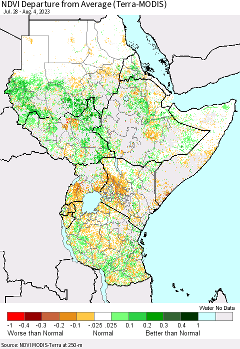 Eastern Africa NDVI Departure from Average (Terra-MODIS) Thematic Map For 7/28/2023 - 8/4/2023