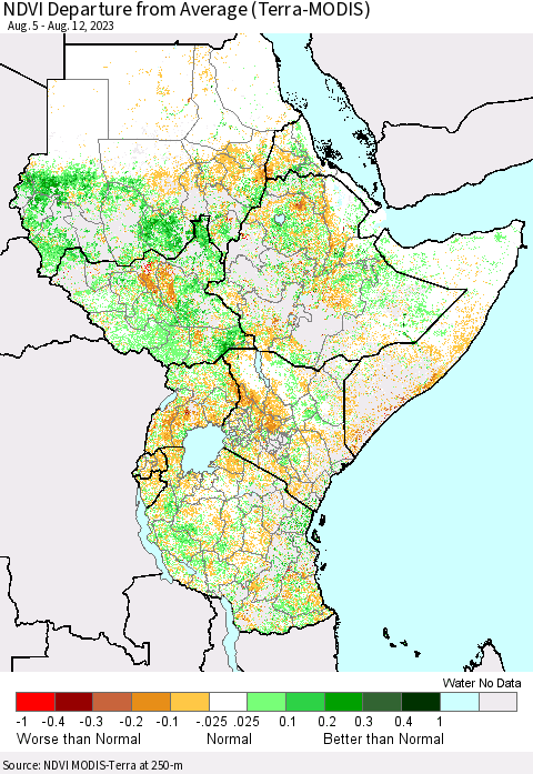 Eastern Africa NDVI Departure from Average (Terra-MODIS) Thematic Map For 8/5/2023 - 8/12/2023