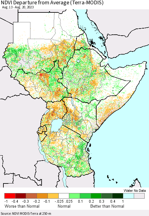 Eastern Africa NDVI Departure from Average (Terra-MODIS) Thematic Map For 8/13/2023 - 8/20/2023