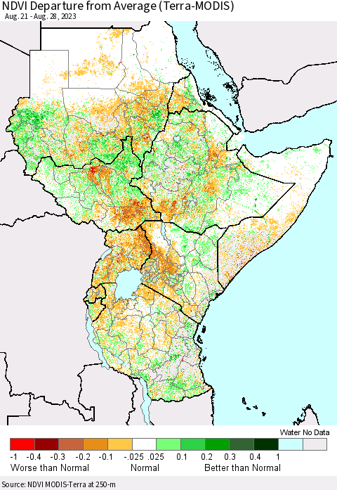 Eastern Africa NDVI Departure from Average (Terra-MODIS) Thematic Map For 8/21/2023 - 8/28/2023