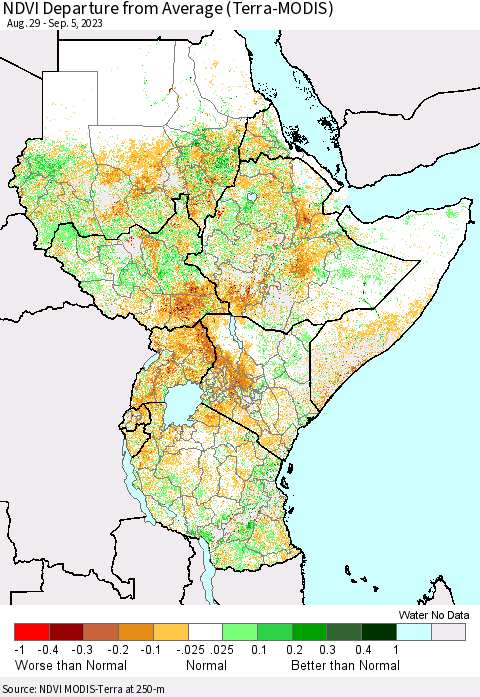 Eastern Africa NDVI Departure from Average (Terra-MODIS) Thematic Map For 8/29/2023 - 9/5/2023