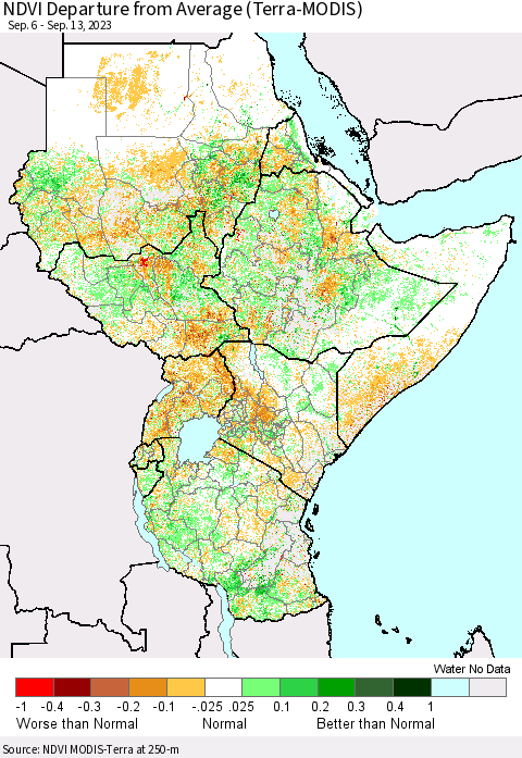 Eastern Africa NDVI Departure from Average (Terra-MODIS) Thematic Map For 9/6/2023 - 9/13/2023
