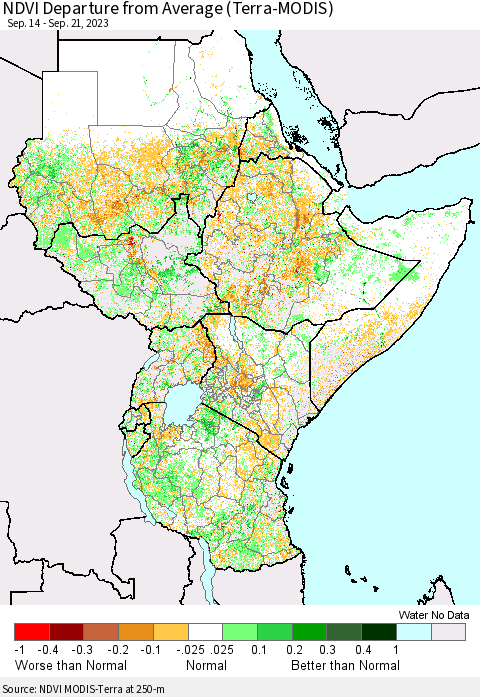 Eastern Africa NDVI Departure from Average (Terra-MODIS) Thematic Map For 9/14/2023 - 9/21/2023