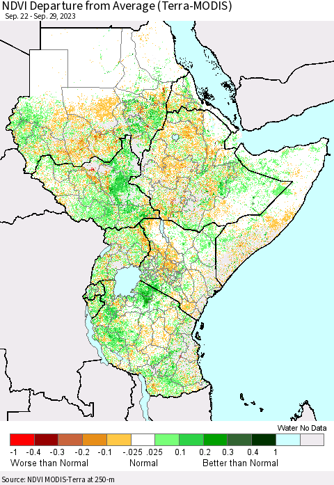 Eastern Africa NDVI Departure from Average (Terra-MODIS) Thematic Map For 9/22/2023 - 9/29/2023