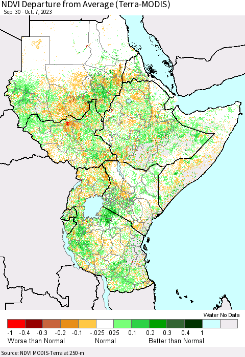 Eastern Africa NDVI Departure from Average (Terra-MODIS) Thematic Map For 9/30/2023 - 10/7/2023