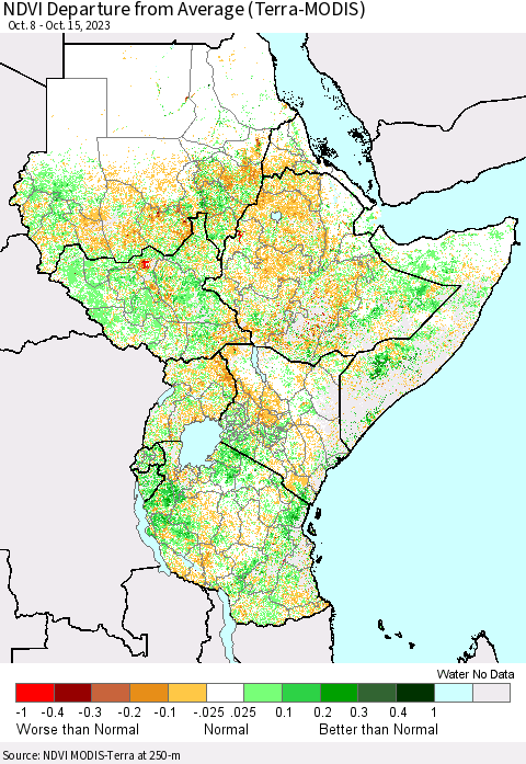 Eastern Africa NDVI Departure from Average (Terra-MODIS) Thematic Map For 10/8/2023 - 10/15/2023