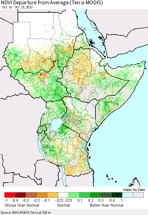 Eastern Africa NDVI Departure from Average (Terra-MODIS) Thematic Map For 10/16/2023 - 10/23/2023