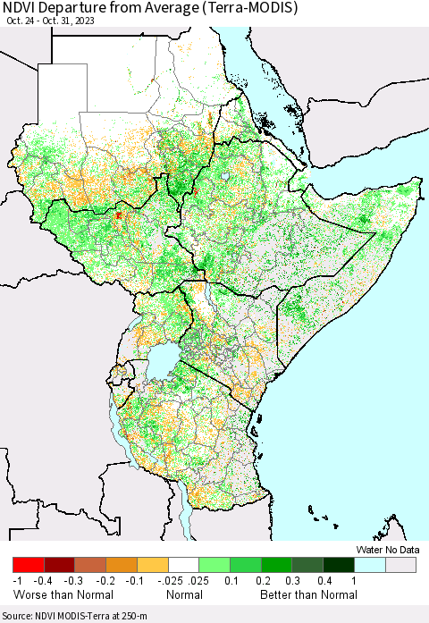 Eastern Africa NDVI Departure from Average (Terra-MODIS) Thematic Map For 10/24/2023 - 10/31/2023