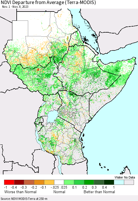 Eastern Africa NDVI Departure from Average (Terra-MODIS) Thematic Map For 11/1/2023 - 11/8/2023
