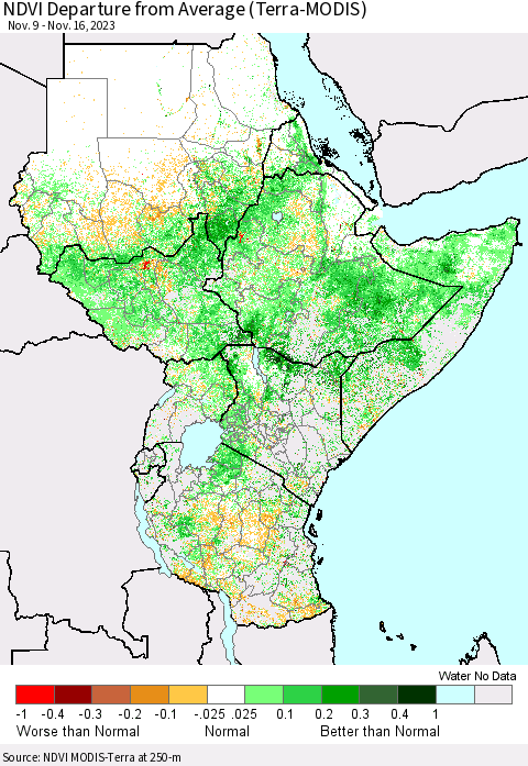 Eastern Africa NDVI Departure from Average (Terra-MODIS) Thematic Map For 11/9/2023 - 11/16/2023