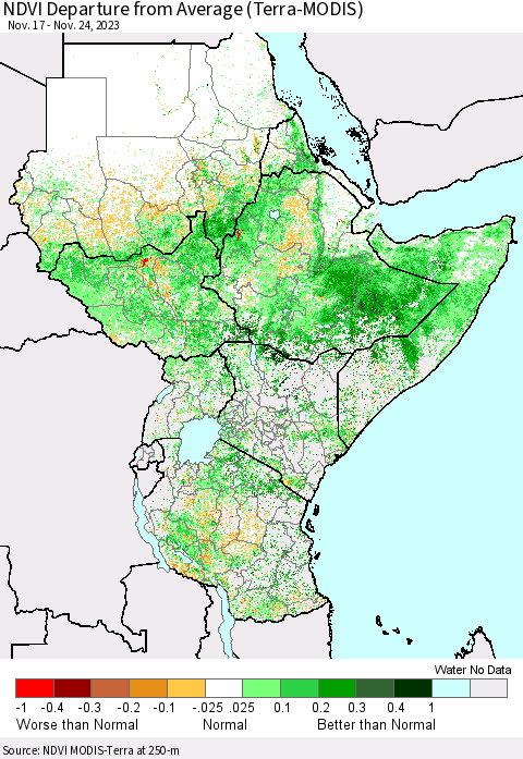 Eastern Africa NDVI Departure from Average (Terra-MODIS) Thematic Map For 11/17/2023 - 11/24/2023