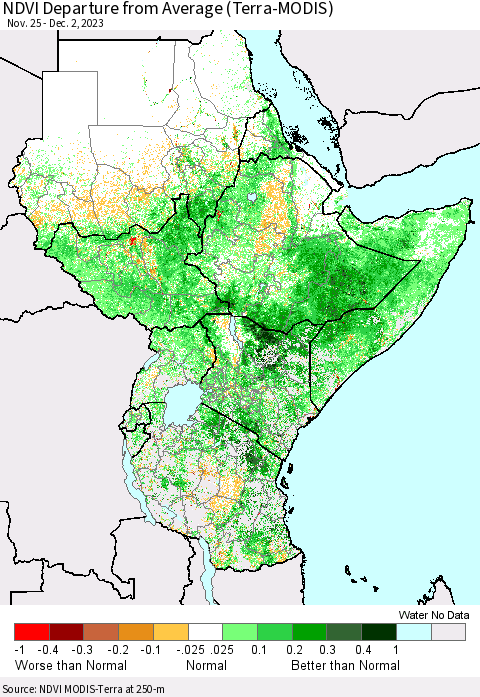 Eastern Africa NDVI Departure from Average (Terra-MODIS) Thematic Map For 11/25/2023 - 12/2/2023