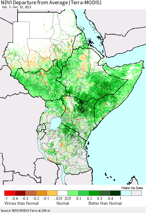 Eastern Africa NDVI Departure from Average (Terra-MODIS) Thematic Map For 12/3/2023 - 12/10/2023