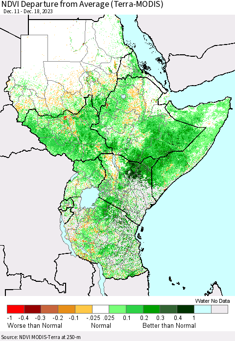 Eastern Africa NDVI Departure from Average (Terra-MODIS) Thematic Map For 12/11/2023 - 12/18/2023