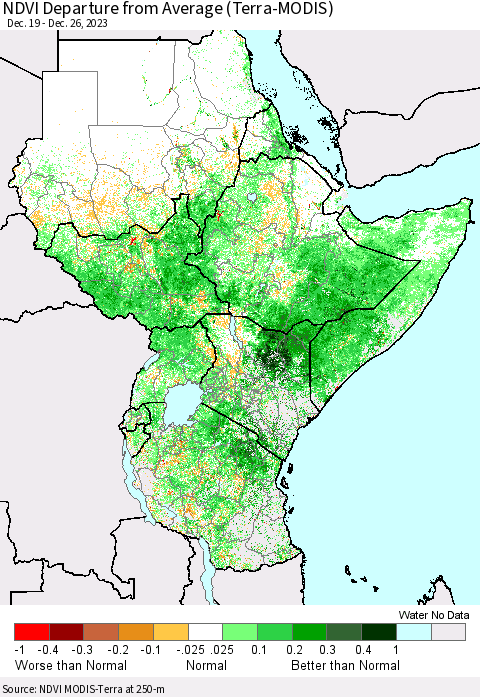 Eastern Africa NDVI Departure from Average (Terra-MODIS) Thematic Map For 12/19/2023 - 12/26/2023
