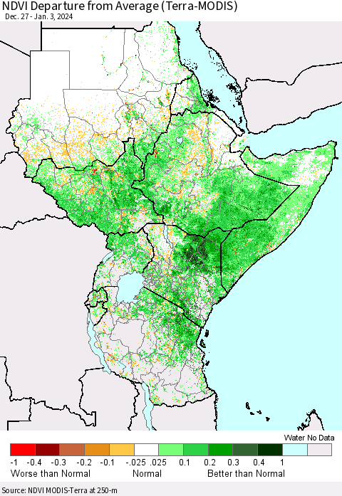 Eastern Africa NDVI Departure from Average (Terra-MODIS) Thematic Map For 12/27/2023 - 1/3/2024