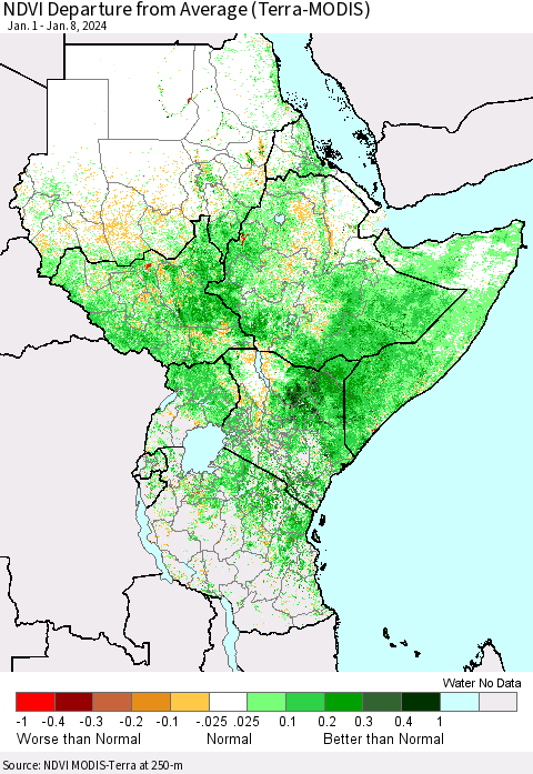 Eastern Africa NDVI Departure from Average (Terra-MODIS) Thematic Map For 1/1/2024 - 1/8/2024
