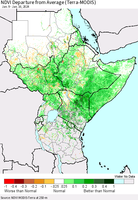Eastern Africa NDVI Departure from Average (Terra-MODIS) Thematic Map For 1/9/2024 - 1/16/2024