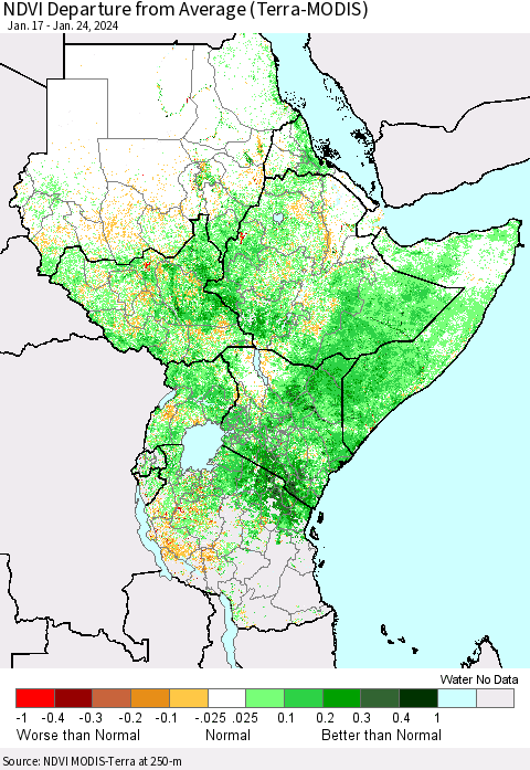 Eastern Africa NDVI Departure from Average (Terra-MODIS) Thematic Map For 1/17/2024 - 1/24/2024