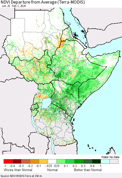 Eastern Africa NDVI Departure from Average (Terra-MODIS) Thematic Map For 1/25/2024 - 2/1/2024