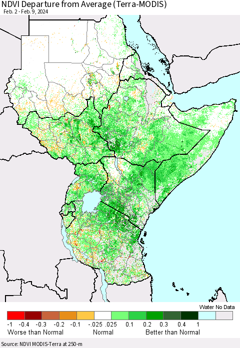 Eastern Africa NDVI Departure from Average (Terra-MODIS) Thematic Map For 2/2/2024 - 2/9/2024