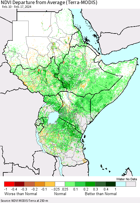 Eastern Africa NDVI Departure from Average (Terra-MODIS) Thematic Map For 2/10/2024 - 2/17/2024
