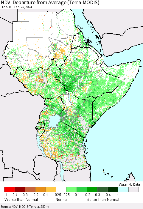 Eastern Africa NDVI Departure from Average (Terra-MODIS) Thematic Map For 2/18/2024 - 2/25/2024