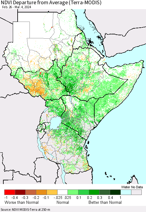 Eastern Africa NDVI Departure from Average (Terra-MODIS) Thematic Map For 2/26/2024 - 3/4/2024