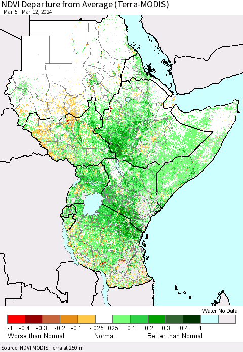 Eastern Africa NDVI Departure from Average (Terra-MODIS) Thematic Map For 3/5/2024 - 3/12/2024