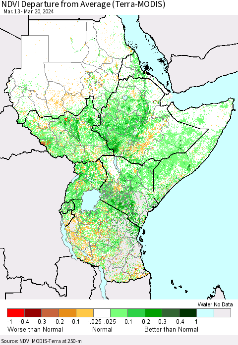 Eastern Africa NDVI Departure from Average (Terra-MODIS) Thematic Map For 3/13/2024 - 3/20/2024