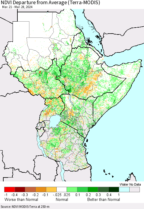 Eastern Africa NDVI Departure from Average (Terra-MODIS) Thematic Map For 3/21/2024 - 3/28/2024