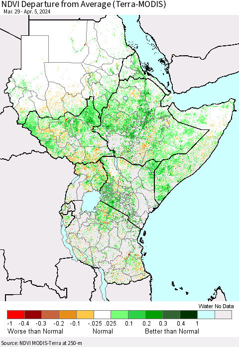 Eastern Africa NDVI Departure from Average (Terra-MODIS) Thematic Map For 3/29/2024 - 4/5/2024