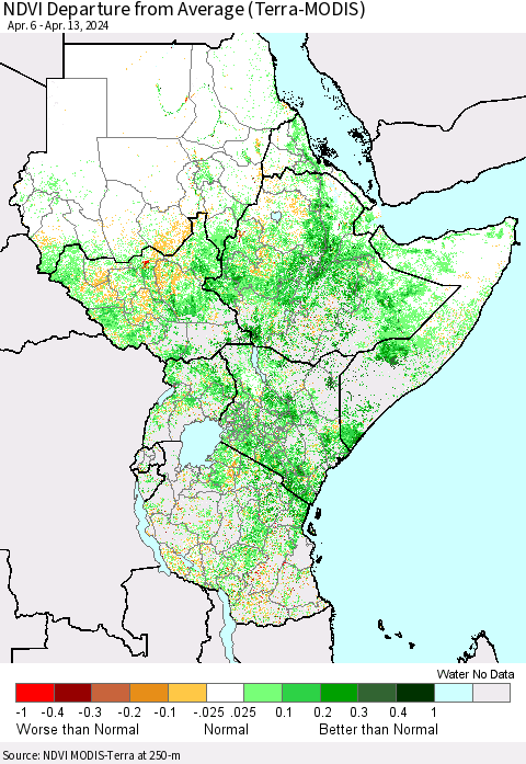 Eastern Africa NDVI Departure from Average (Terra-MODIS) Thematic Map For 4/6/2024 - 4/13/2024