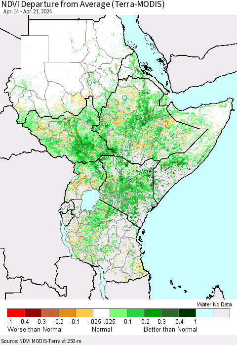 Eastern Africa NDVI Departure from Average (Terra-MODIS) Thematic Map For 4/14/2024 - 4/21/2024