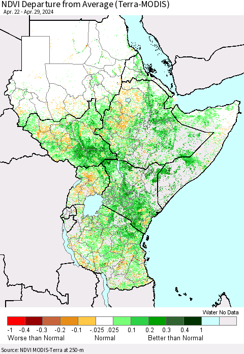 Eastern Africa NDVI Departure from Average (Terra-MODIS) Thematic Map For 4/22/2024 - 4/29/2024