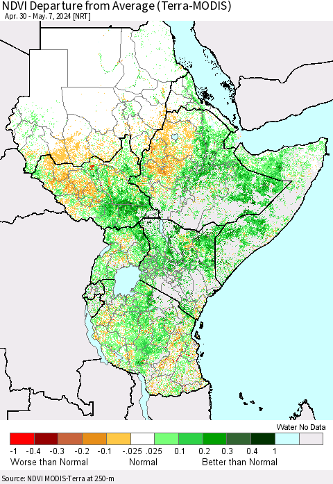 Eastern Africa NDVI Departure from Average (Terra-MODIS) Thematic Map For 4/30/2024 - 5/7/2024