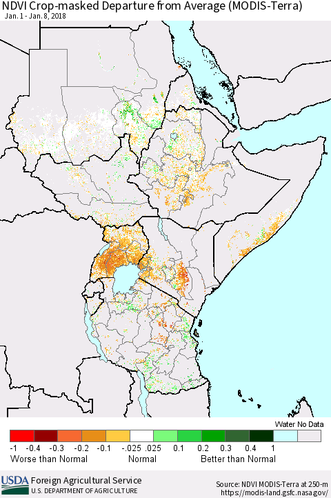 Eastern Africa Cropland NDVI Departure from Average (Terra-MODIS) Thematic Map For 1/1/2018 - 1/10/2018