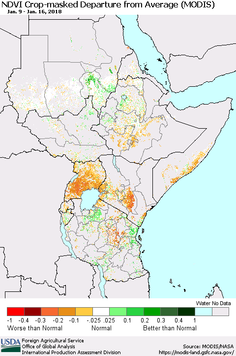 Eastern Africa Cropland NDVI Departure from Average (Terra-MODIS) Thematic Map For 1/11/2018 - 1/20/2018