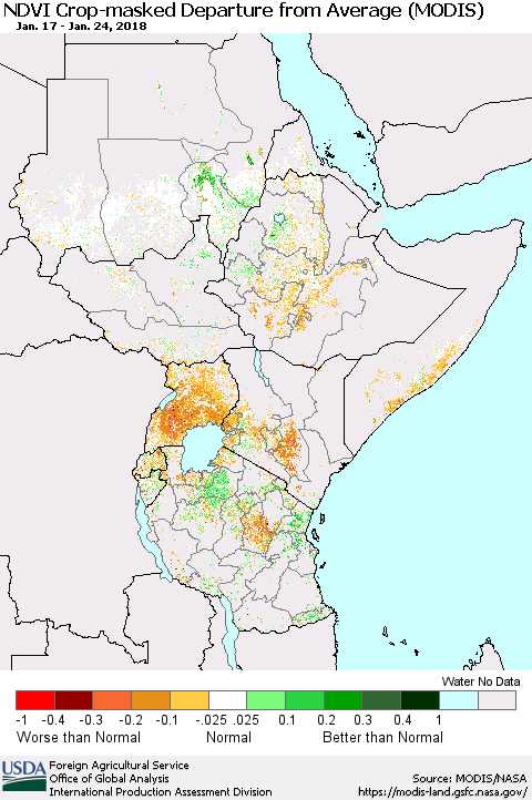Eastern Africa Cropland NDVI Departure from Average (Terra-MODIS) Thematic Map For 1/21/2018 - 1/31/2018