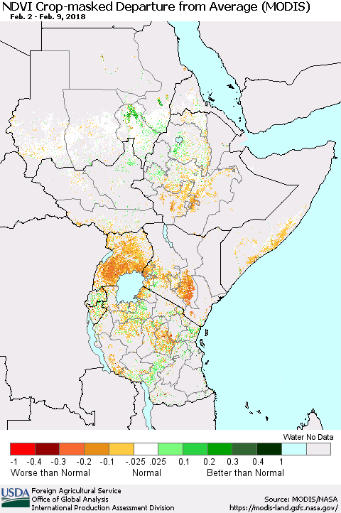 Eastern Africa Cropland NDVI Departure from Average (Terra-MODIS) Thematic Map For 2/1/2018 - 2/10/2018