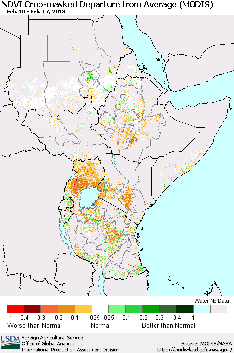 Eastern Africa Cropland NDVI Departure from Average (Terra-MODIS) Thematic Map For 2/11/2018 - 2/20/2018